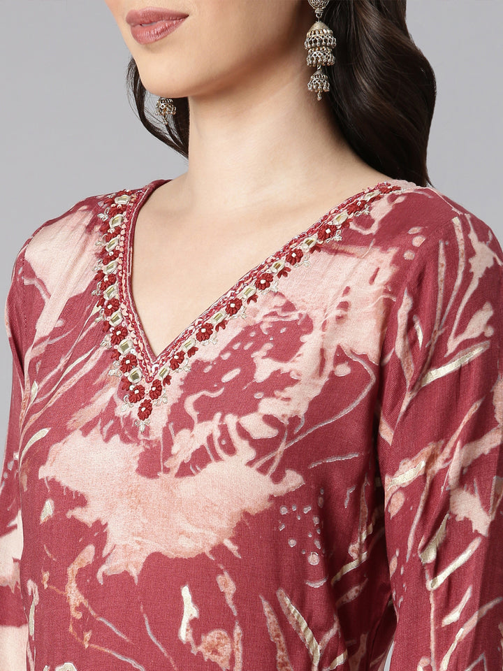 Neerus Red Printed Straight Kurta and Trousers With Dupatta