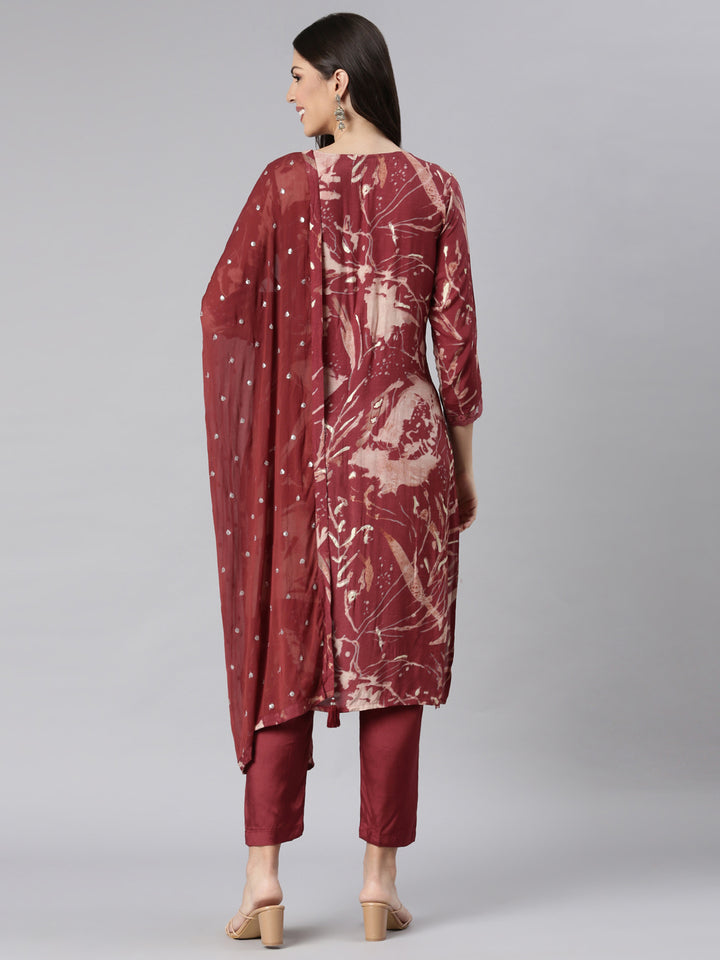 Neerus Red Printed Straight Kurta and Trousers With Dupatta