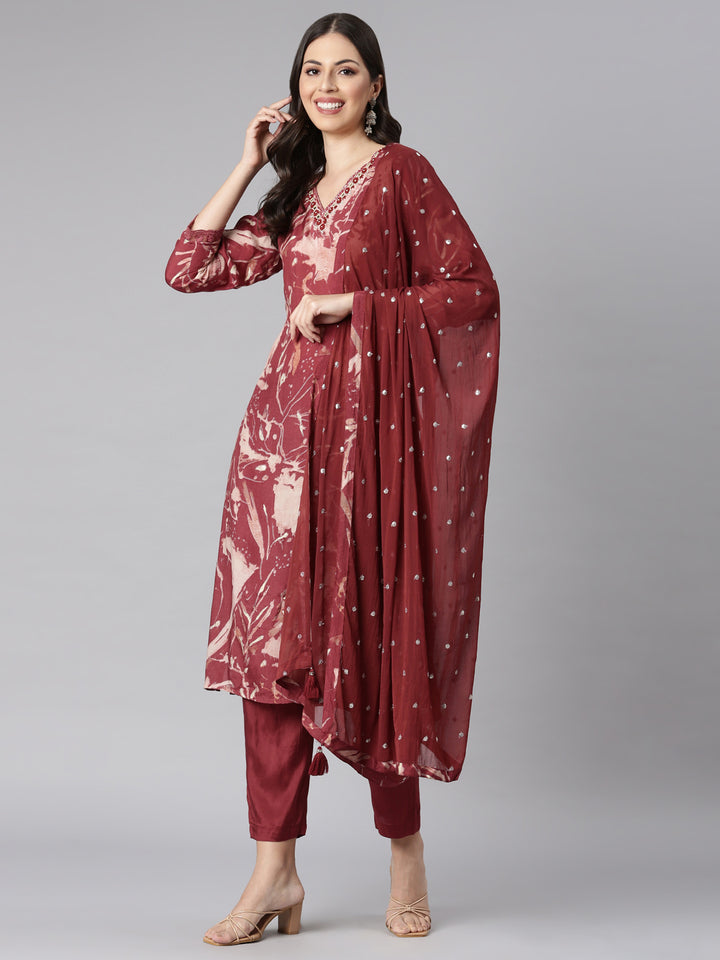 Neerus Red Printed Straight Kurta and Trousers With Dupatta