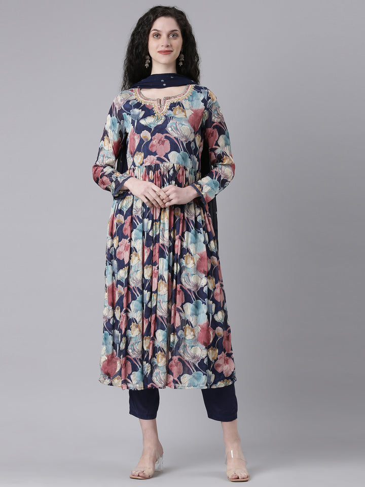 Neerus Navy Blue Printed Anarkali Kurta and Trousers With Dupatta