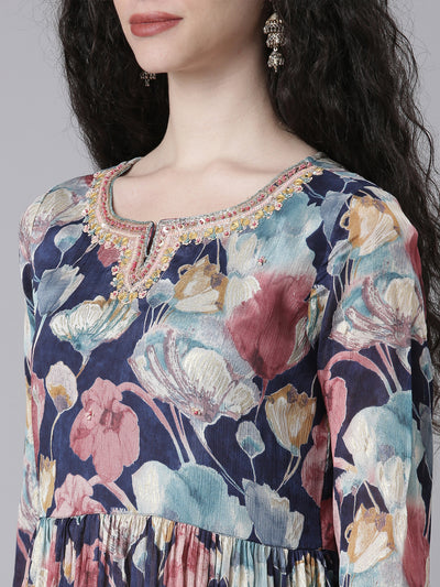 Neerus Navy Blue Printed Anarkali Kurta and Trousers With Dupatta