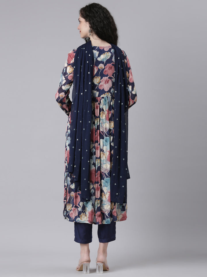 Neerus Navy Blue Printed Anarkali Kurta and Trousers With Dupatta