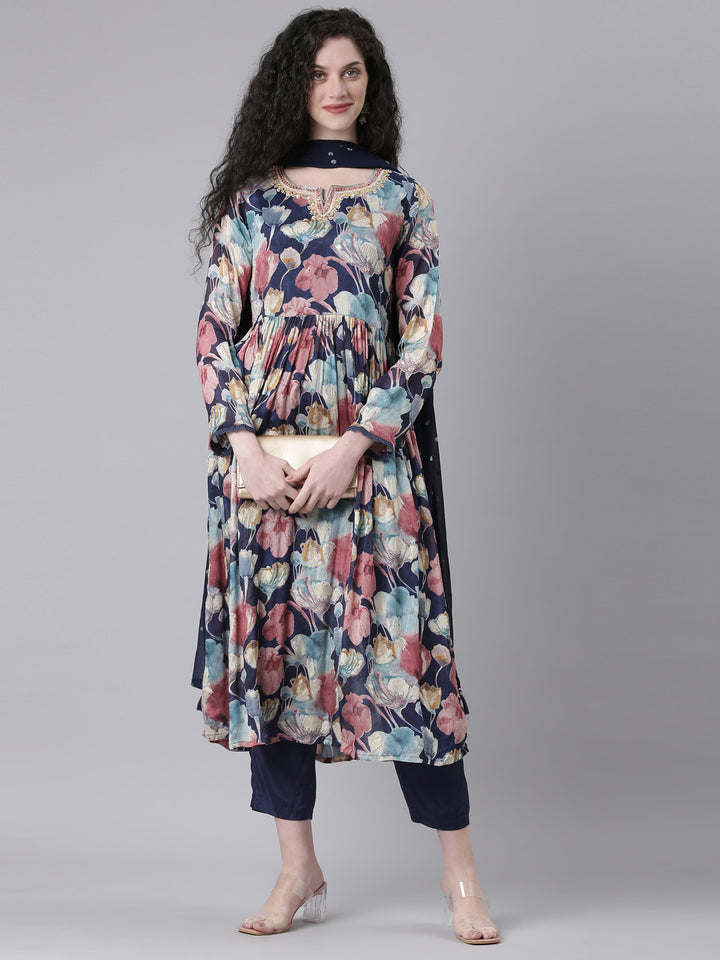 Neerus Navy Blue Printed Anarkali Kurta and Trousers With Dupatta