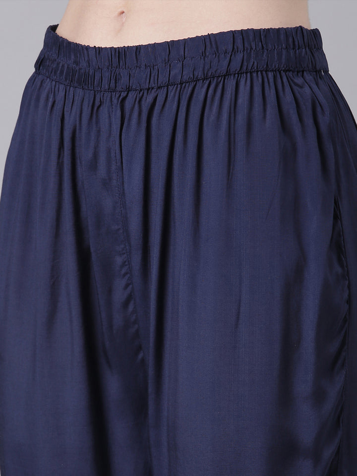 Neerus Navy Blue Printed Anarkali Kurta and Trousers With Dupatta