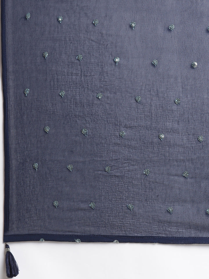 Neerus Navy Blue Printed Anarkali Kurta and Trousers With Dupatta