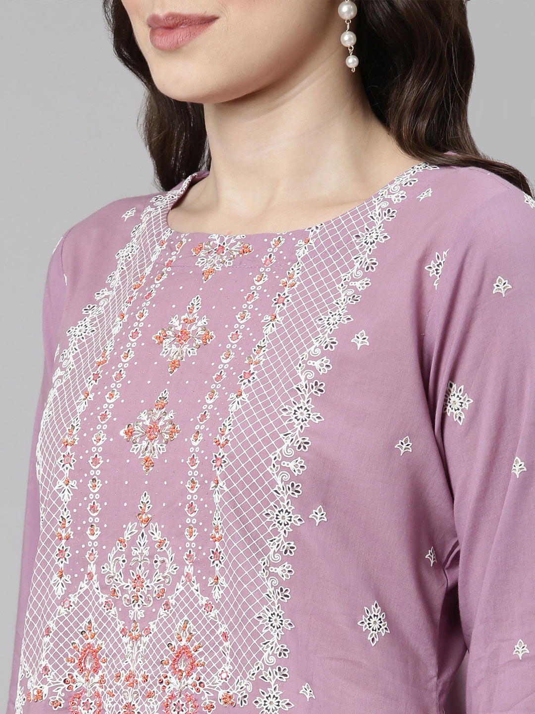 Neerus Purple Casual Ethnic Motifs Straight Kurta and Trousers With Dupatta