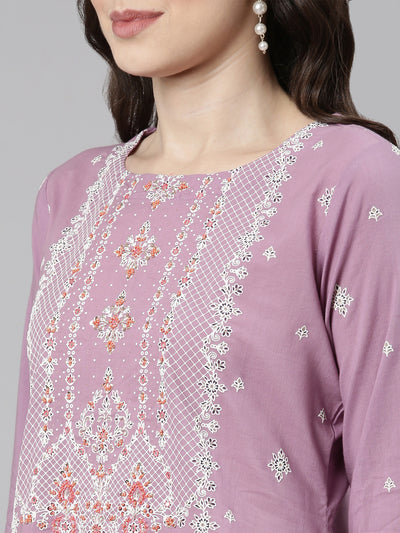 Neerus Purple Casual Ethnic Motifs Straight Kurta and Trousers With Dupatta