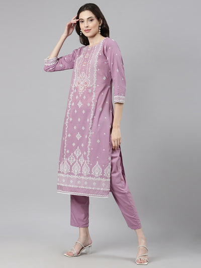 Neerus Purple Casual Ethnic Motifs Straight Kurta and Trousers With Dupatta