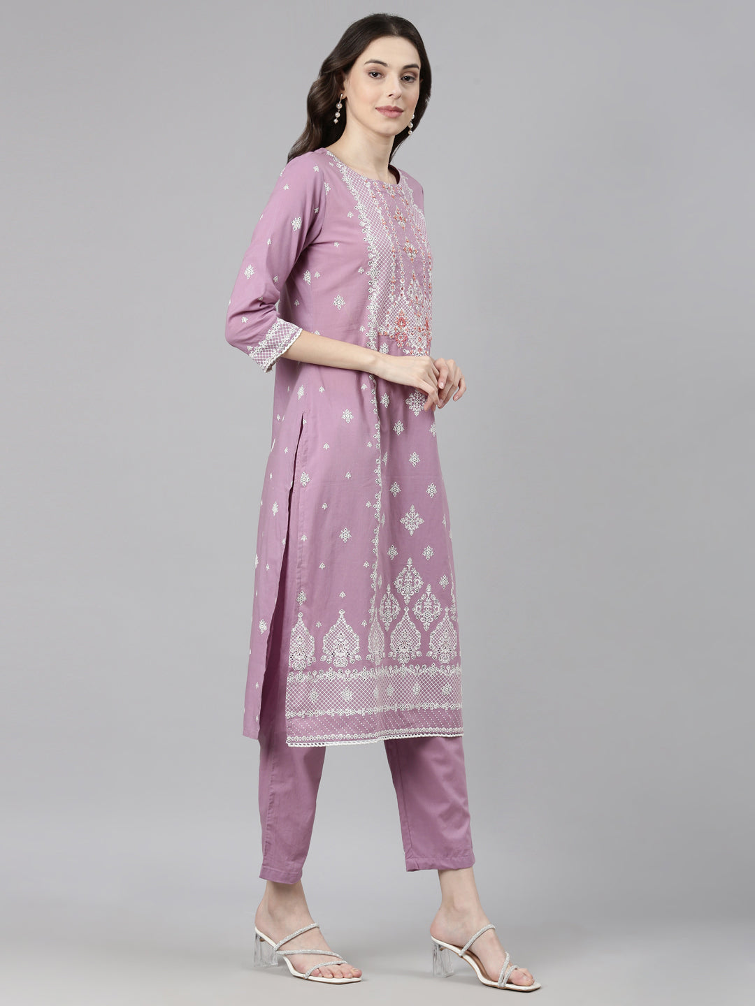 Neerus Purple Casual Ethnic Motifs Straight Kurta and Trousers With Dupatta