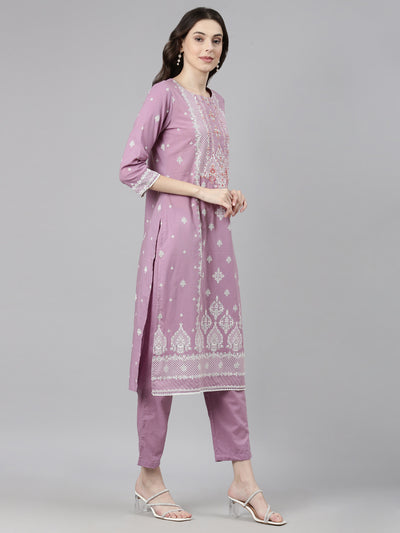 Neerus Purple Casual Ethnic Motifs Straight Kurta and Trousers With Dupatta
