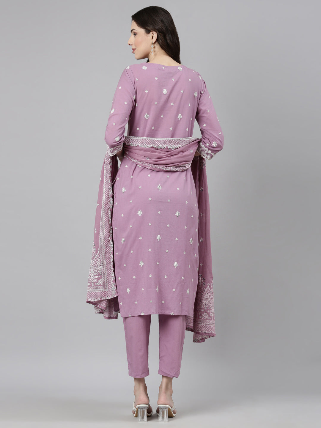 Neerus Purple Casual Ethnic Motifs Straight Kurta and Trousers With Dupatta
