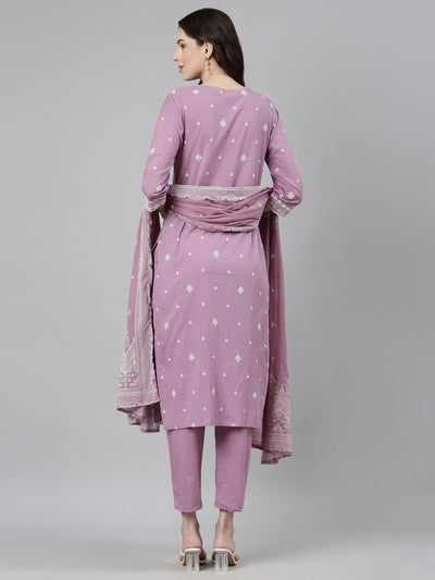 Neerus Purple Casual Ethnic Motifs Straight Kurta and Trousers With Dupatta