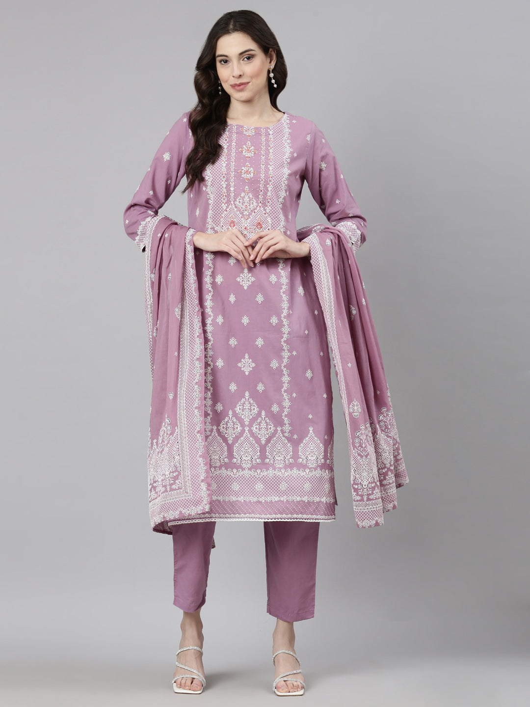 Neerus Purple Casual Ethnic Motifs Straight Kurta and Trousers With Dupatta