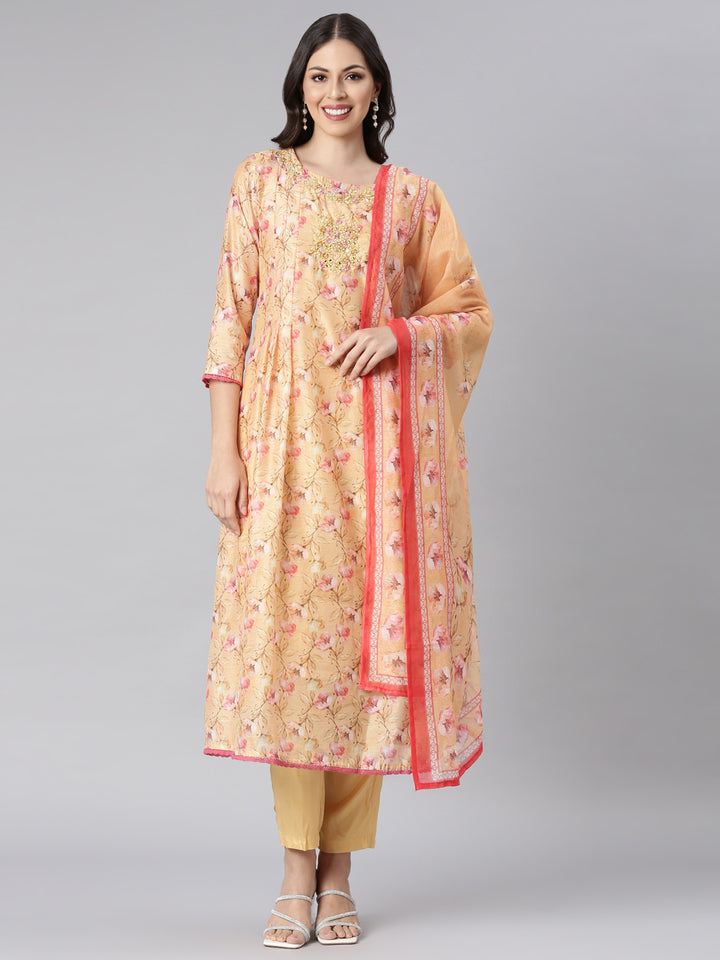 Neerus Yellow Printed Anarkali Kurta and Trousers With Dupatta