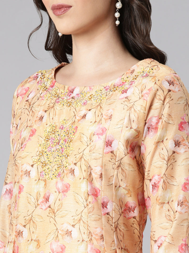 Neerus Yellow Printed Anarkali Kurta and Trousers With Dupatta