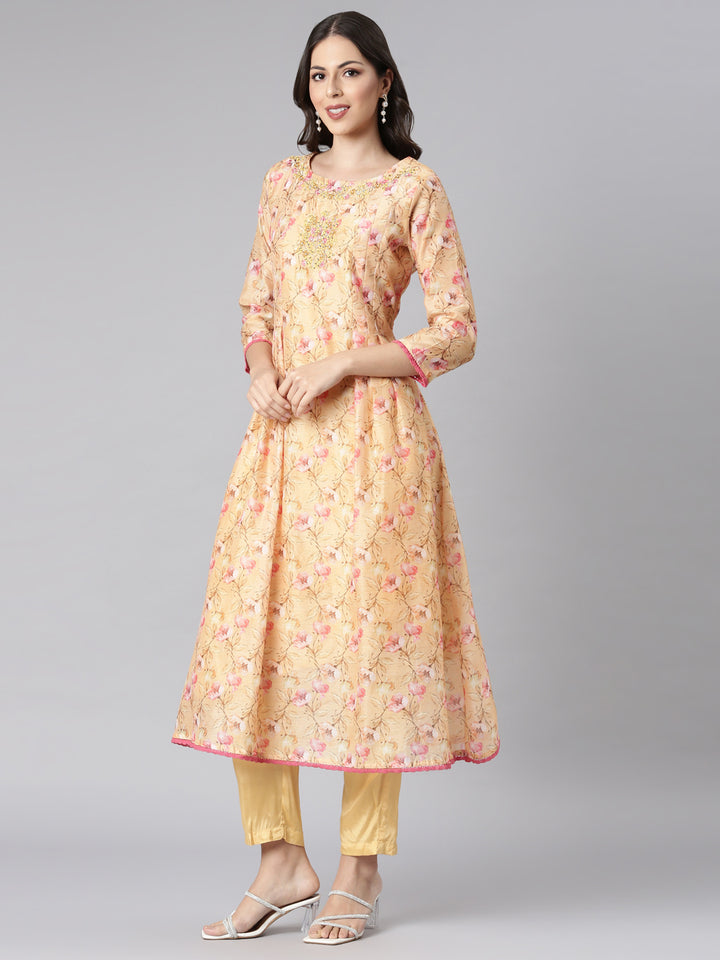 Neerus Yellow Printed Anarkali Kurta and Trousers With Dupatta