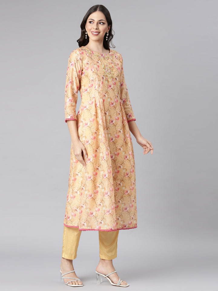 Neerus Yellow Printed Anarkali Kurta and Trousers With Dupatta