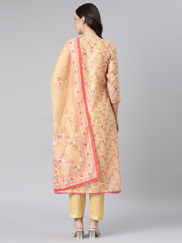 Neerus Yellow Printed Anarkali Kurta and Trousers With Dupatta