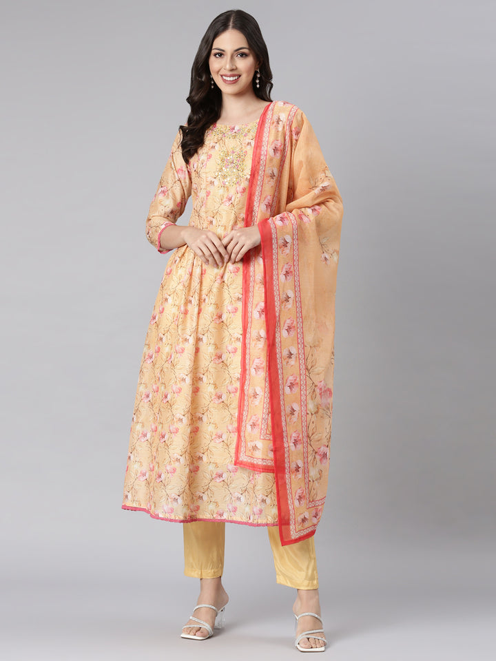 Neerus Yellow Printed Anarkali Kurta and Trousers With Dupatta