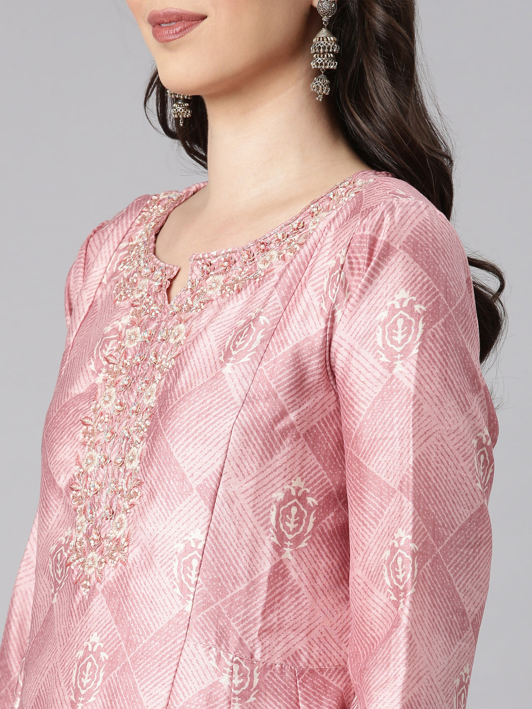 Neerus Pink Printed Anarkali Kurta and Trousers With Dupatta