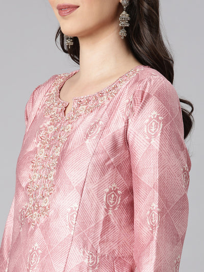 Neerus Pink Printed Anarkali Kurta and Trousers With Dupatta