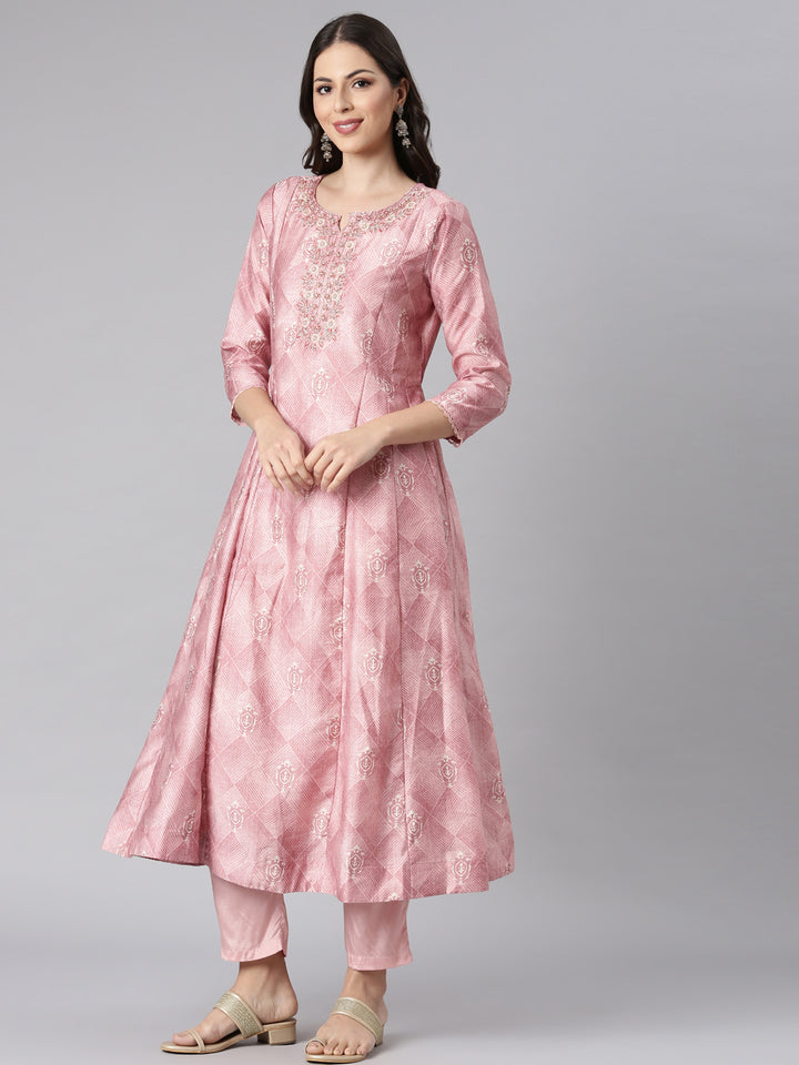 Neerus Pink Printed Anarkali Kurta and Trousers With Dupatta
