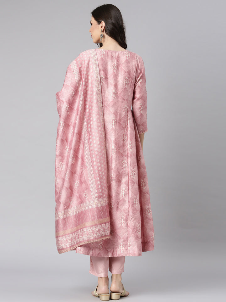 Neerus Pink Printed Anarkali Kurta and Trousers With Dupatta