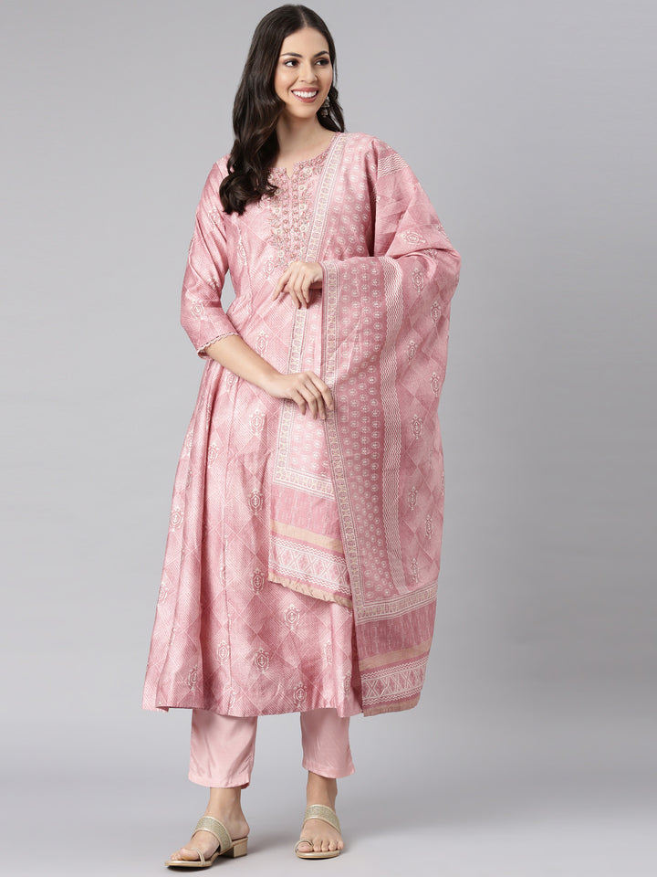 Neerus Pink Printed Anarkali Kurta and Trousers With Dupatta
