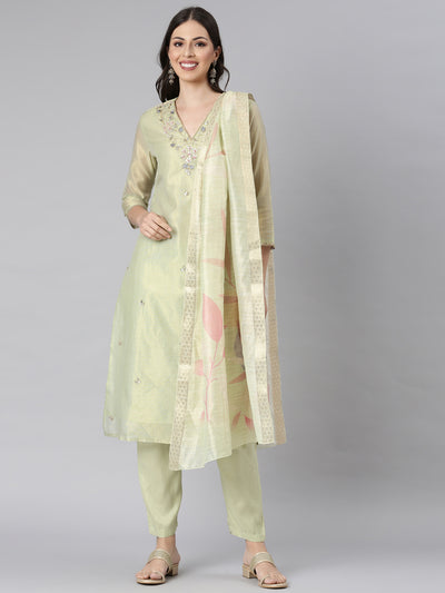 Neerus Lime Green Solid Straight Kurta and Trousers With Dupatta