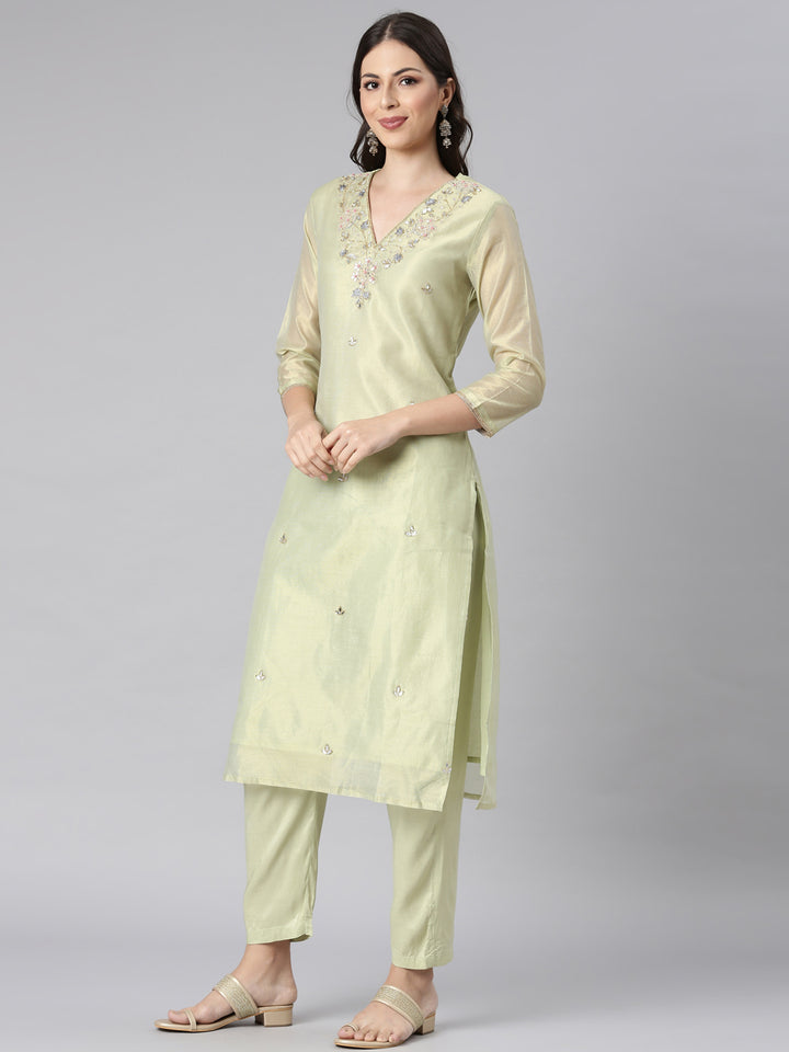 Neerus Lime Green Solid Straight Kurta and Trousers With Dupatta
