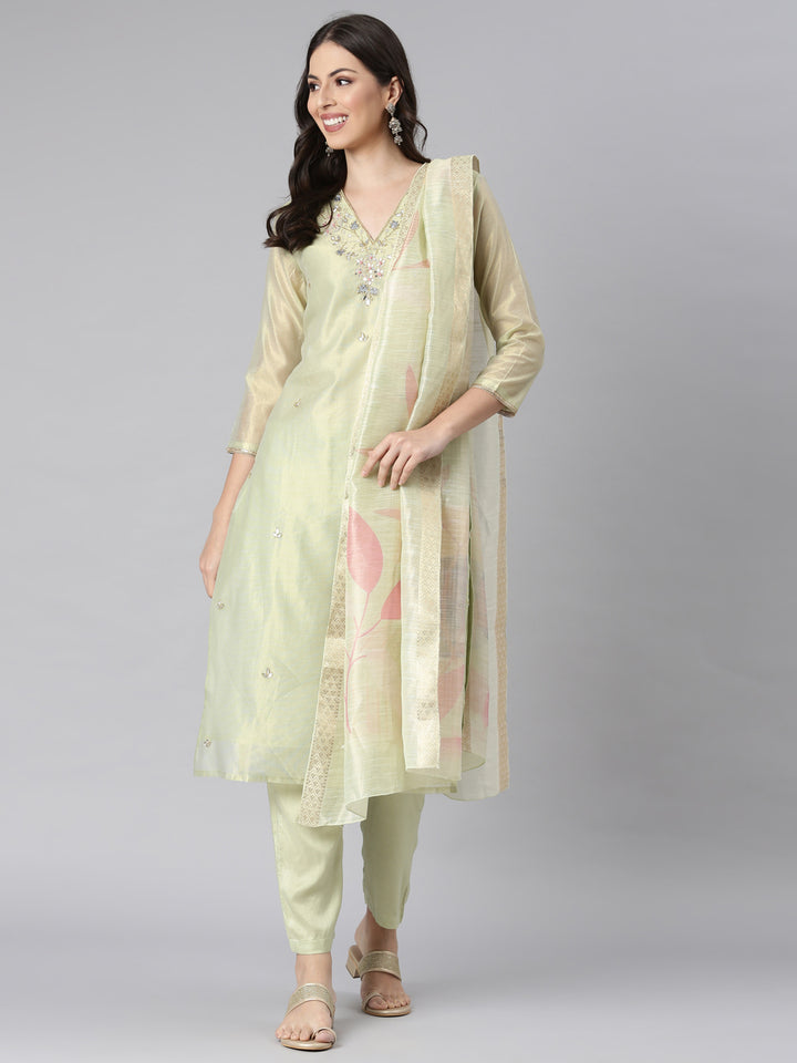 Neerus Lime Green Solid Straight Kurta and Trousers With Dupatta