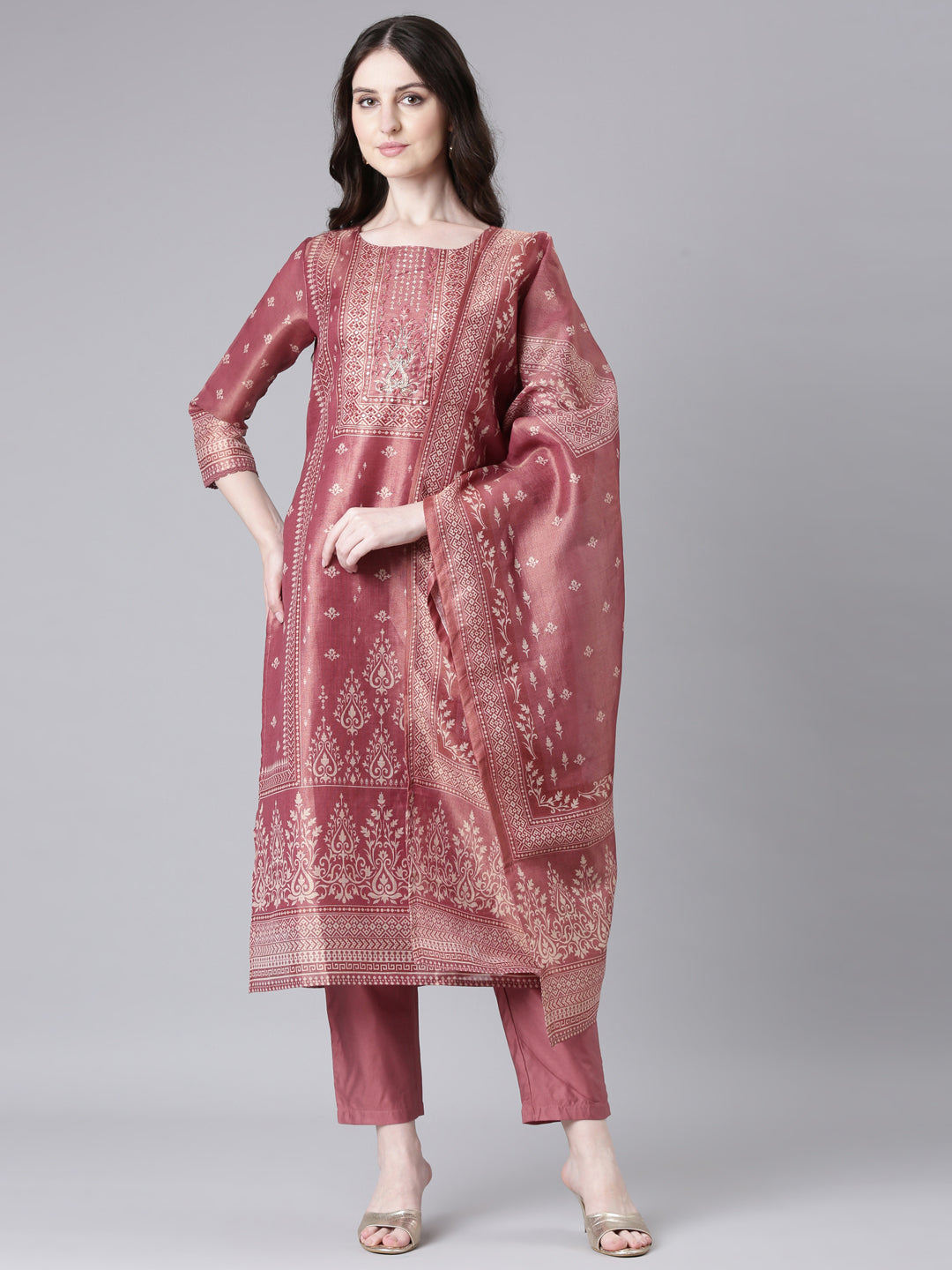 Neerus Pink Printed Straight Kurta and Trousers With Dupatta