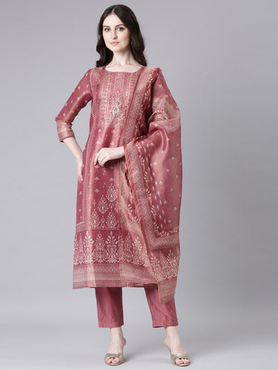 Neerus Pink Printed Straight Kurta and Trousers With Dupatta