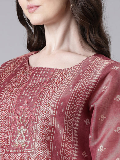 Neerus Pink Printed Straight Kurta and Trousers With Dupatta