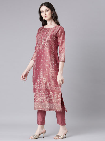 Neerus Pink Printed Straight Kurta and Trousers With Dupatta