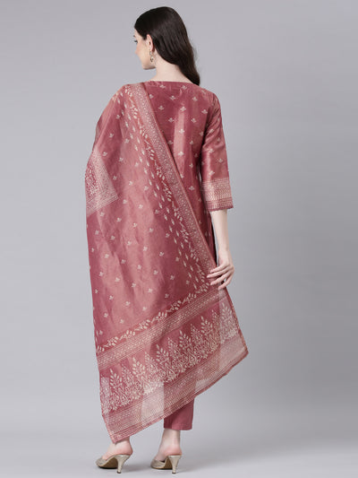 Neerus Pink Printed Straight Kurta and Trousers With Dupatta