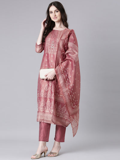 Neerus Pink Printed Straight Kurta and Trousers With Dupatta