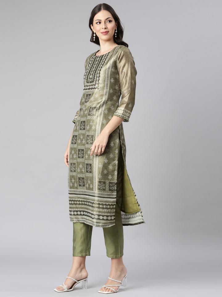 Neerus Olive Printed Straight Kurta and Trousers With Dupatta