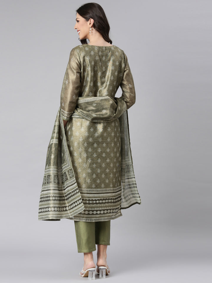 Neerus Olive Printed Straight Kurta and Trousers With Dupatta