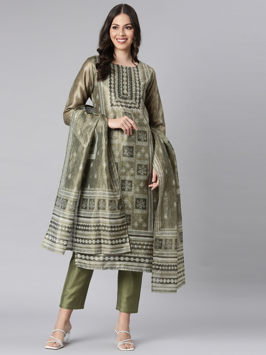Neerus Olive Printed Straight Kurta and Trousers With Dupatta