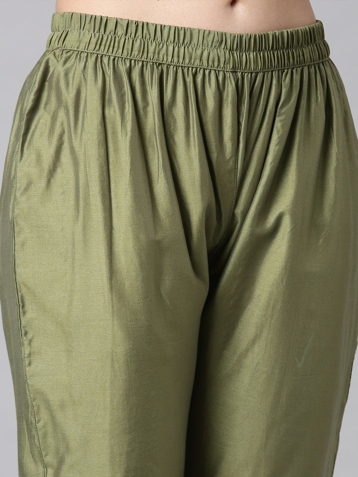 Neerus Olive Printed Straight Kurta and Trousers With Dupatta