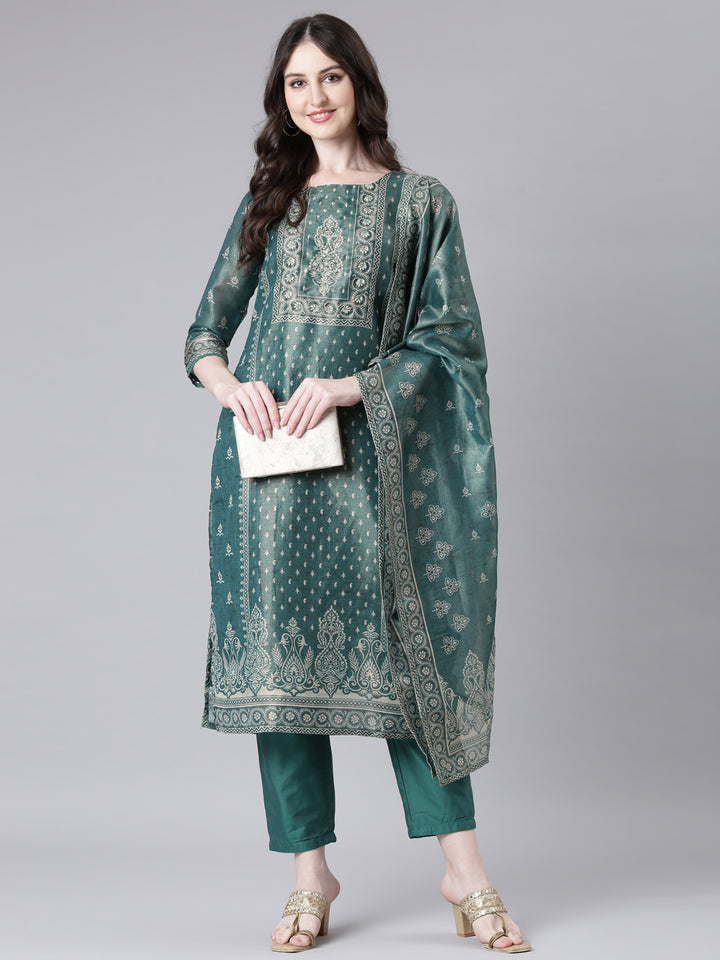 Neerus Green Printed Straight Kurta and Trousers With Dupatta