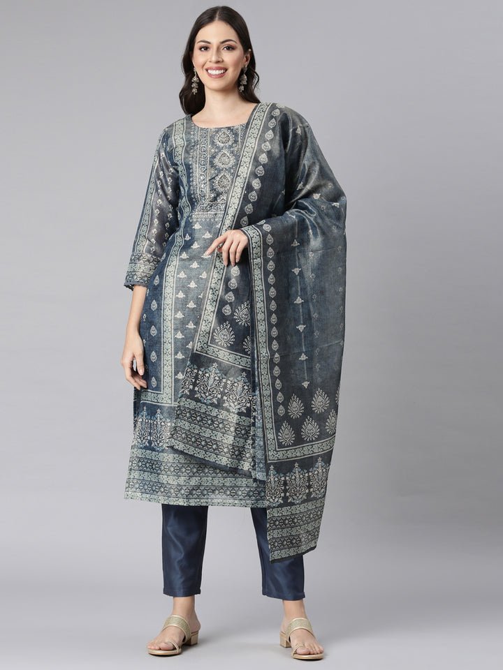 Neerus Blue Printed Straight Kurta and Trousers With Dupatta