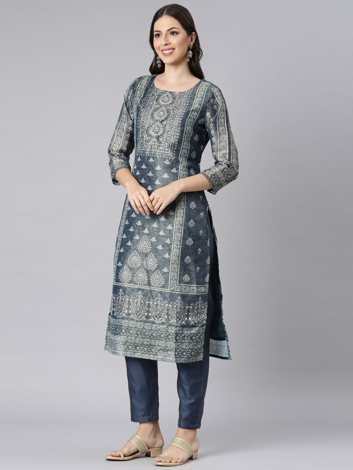 Neerus Blue Printed Straight Kurta and Trousers With Dupatta
