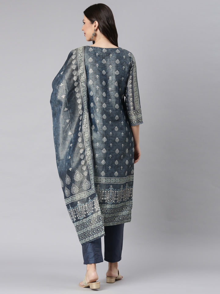 Neerus Blue Printed Straight Kurta and Trousers With Dupatta