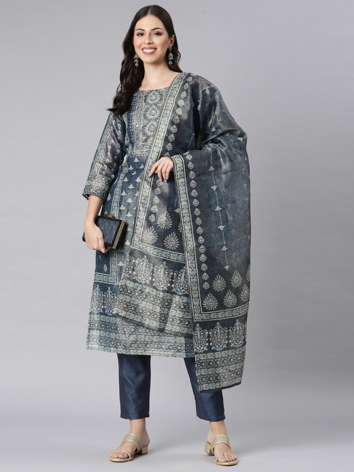 Neerus Blue Printed Straight Kurta and Trousers With Dupatta
