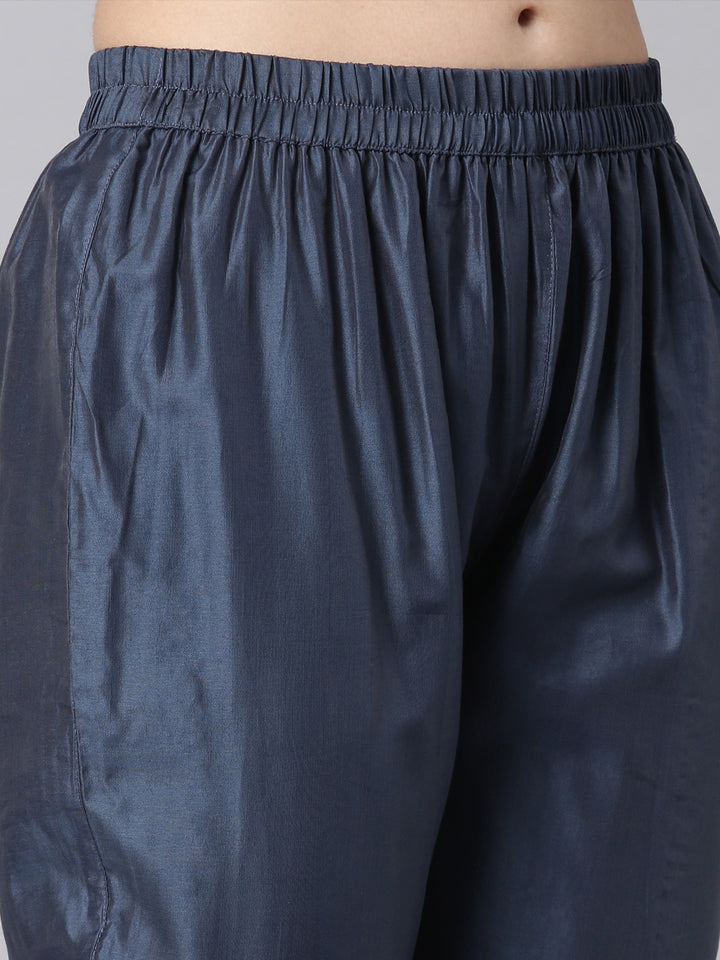 Neerus Blue Printed Straight Kurta and Trousers With Dupatta