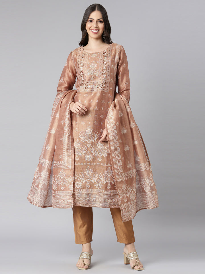 Neerus Brown Printed Straight Kurta and Trousers With Dupatta