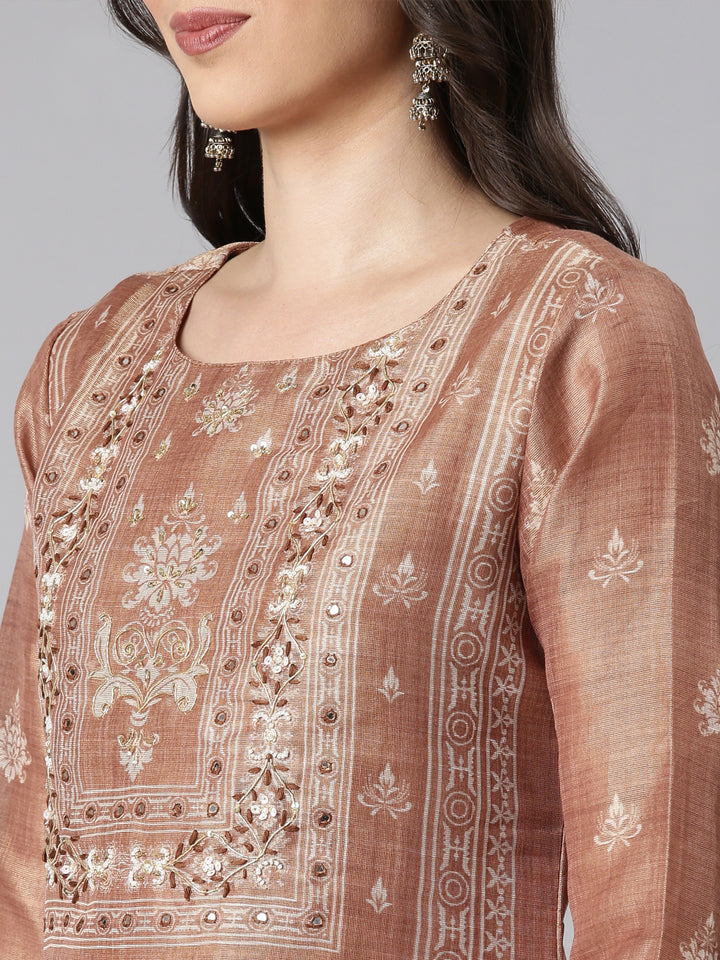Neerus Brown Printed Straight Kurta and Trousers With Dupatta