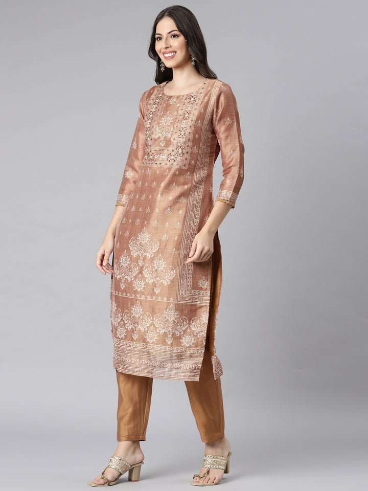 Neerus Brown Printed Straight Kurta and Trousers With Dupatta